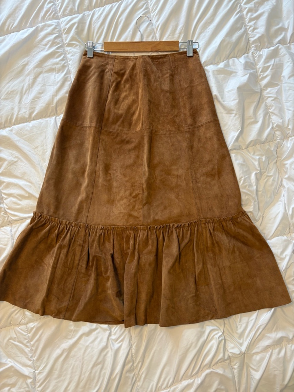 Weekend Max Mara Brown Suede Leather Midi Skirt Ruffle Hem A-Line Italy Luxe